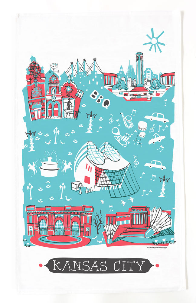 Kansas City Tea Towel-Red-Turquoise